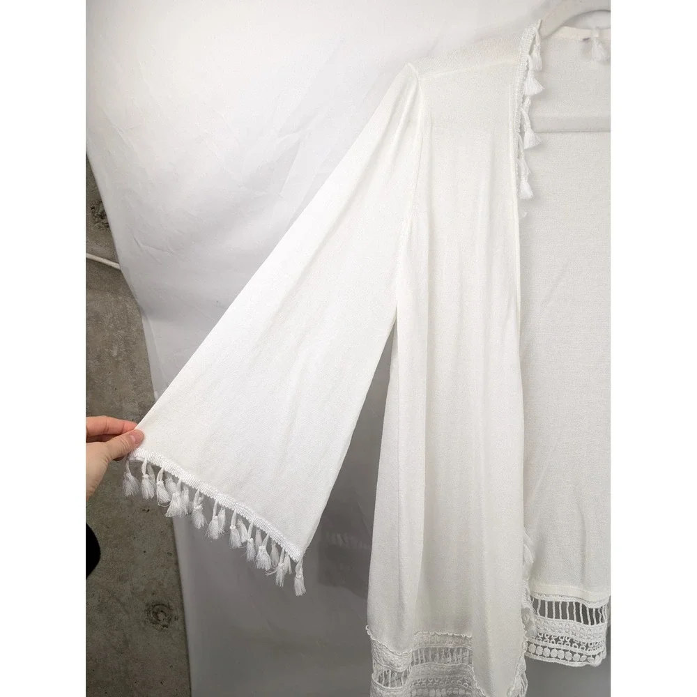 Boho Crochet Lace Tassel Fringe Open Cardigan Size S White Festival Beach Layer - Picture 3 of 9